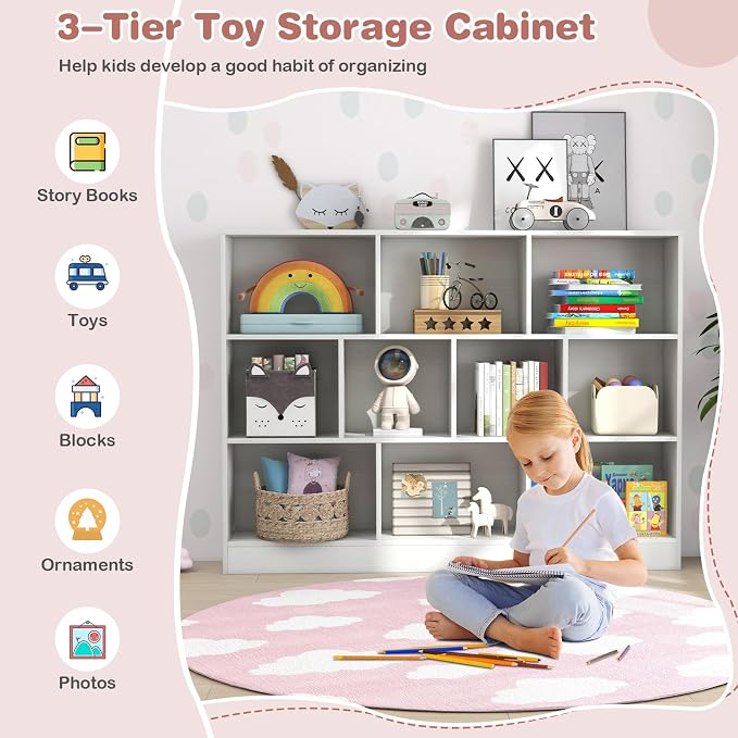 HONEY JOY Kids Toy Storage Organizer, 10-Section Wooden Floor Storage Cabinet, 41” Daycare Toy Chest, 3-Tier Kids Display Bookshelf for Classroom, Playroom & Nursery, Kindergarten (White) - Image 4