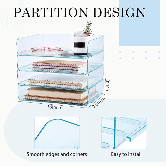 Harloon 4 Tier Clear Blue Acrylic Paper Organizer Letter Tray, Aesthetic Stackable Desk File Organizer Paper Holder Office Tray for A4, Modern Classroom Office Home File Pad Books Notes - Image 2