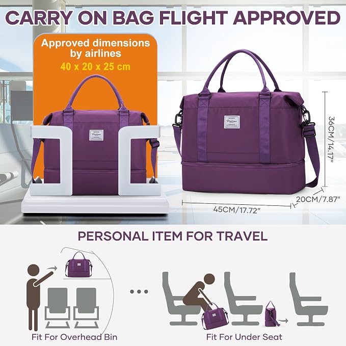 Travel Duffel Weekender Bag Women Tote Carry On Bags With Shoe Compartment | 18x14x8 inches Travel Overnight Bags with Trolley Sleeve for Airplanes Sport Tote Gym for Men Lightweight Daypack DeepPurple - Image 2