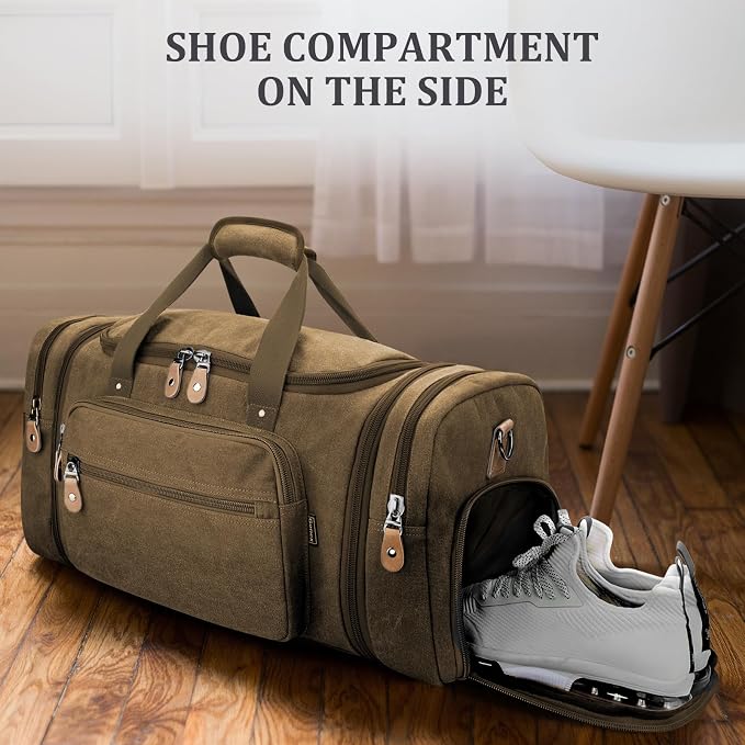 Gonex Canvas Duffle Bag, Expandable 60L Travel Overnight Weekender Bag | for Men, with Shoe Compartment, Multiple Pockets, Tear-Resistant, Durable Zippers, Detachable Strap, Coffee - Image 2