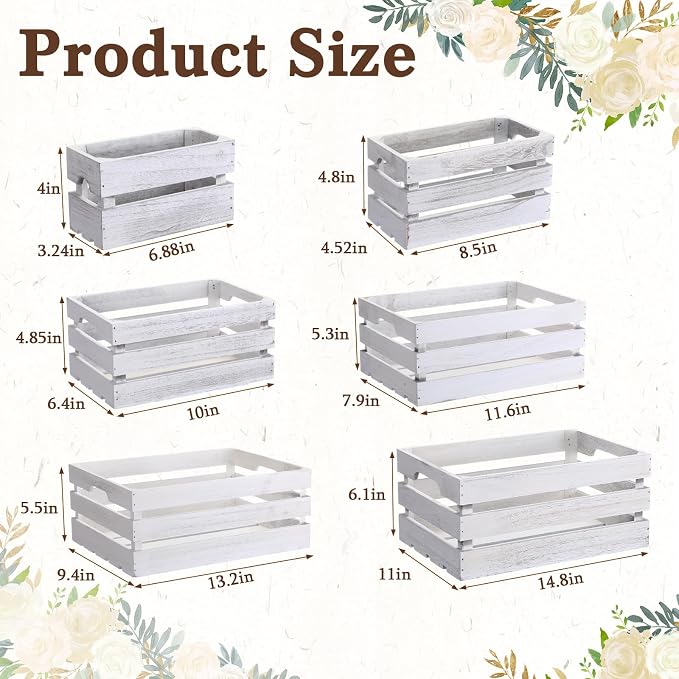 CroBlissful 6 Pcs Decorative Wood Crates for Storage Display Rustic Nesting Crates with Handle Farmhouse Wooden Storage Container Boxes for Wedding Baby Shower Birthday Party(Vintage White) - Image 2