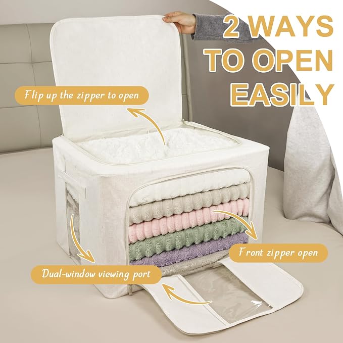 3 Pack Clothes Storage Bins with Metal Frame,Foldable Storage Bin with Lid for Clothes,Stackable Cotton Linen Fabric Organizer Set with Carrying Handles and Clear Window(Beige, 66L) - Image 3