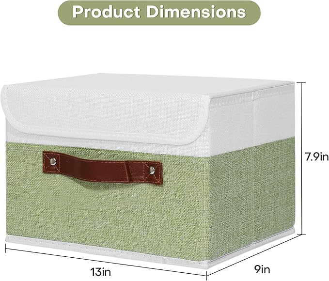 ANMINY Fabric Storage Box Bins with Lids, Green White, 13"x9"x7.9", 2 Pack | Keepsake Memory Storage, Cotton Linen, PP Board Reinforced, Washable, PU Handles, Foldable & Stackable, Decorative, Medium - Image 5