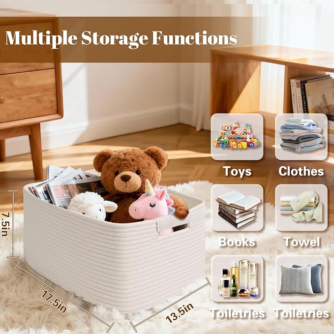 4 Pack Large Storage Basket for Organizing, 17.5"x13"x7" Woven Basket for Shelves, Closet Cube Storage Bins with Wrapped Handle, Cotton Rope Baskets for Kitchen, Clothes, Toys(Off White) - Image 3