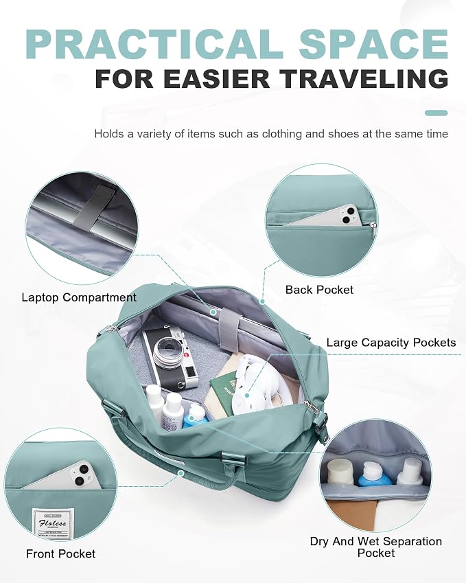 Travel Duffel Weekender Bag Women Tote Carry On Bags With Shoe Compartment | 18x14x8 inches Travel Overnight Bags with Trolley Sleeve for Airplanes Sport Tote Gym for Men Lightweight Daypack Blue - Image 3