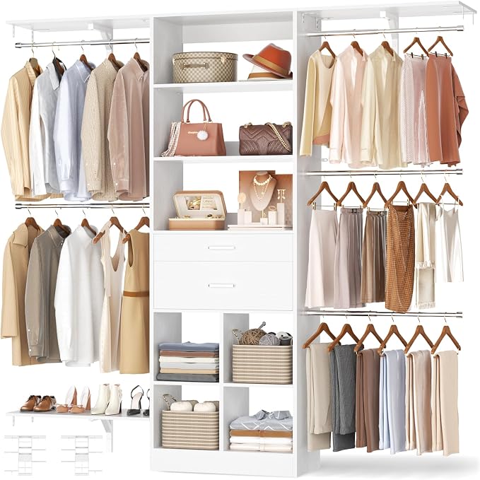 5FT Closet Organizer System with Wooden Drawers, 60 Inches Walk In Closet System With 5 Hanging Rods, Can Fit 1.58 to 6.8 FT with Reversible Hanging Shelving, White by Besiost
