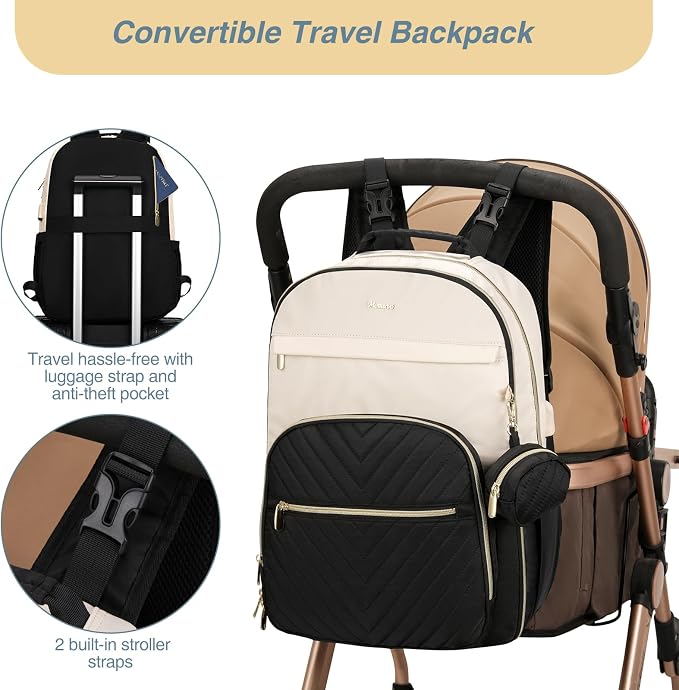 Diaper Bag Backpack, Quilted Baby Bag with Changing Pad & Stroller Straps & Pacifier Case, Multifunction Waterproof Travel Diaper Bags, Unisex, Black Beige - Image 4