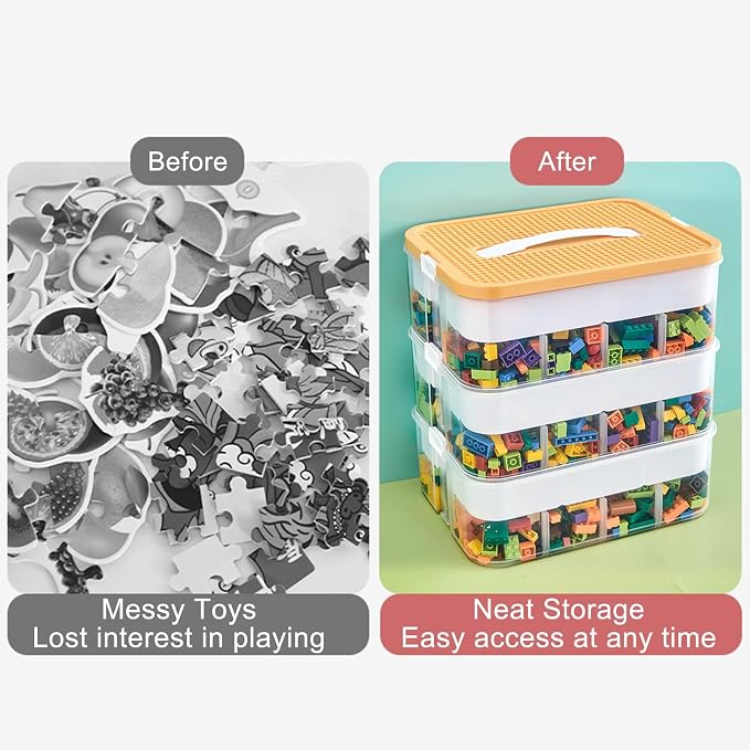 Toys Organizer Storage Case for Lego Box Kids Toy Stackable Building Blocks with Lids Bins Adjustable Lego Storage Containers Plastic Toy Box 2 Layer (Lemon) - Image 5