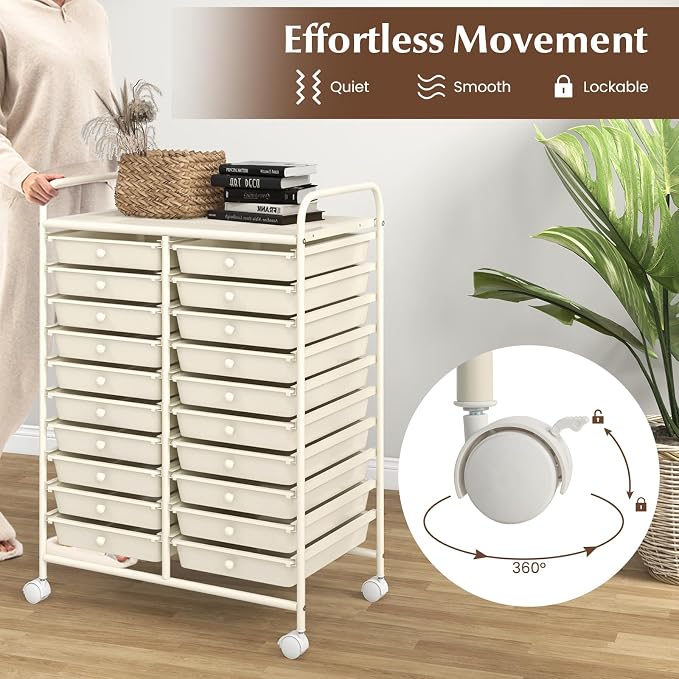 RELAX4LIFE 20-Drawer Rolling Storage Cart - Mobile Rolling Cart w/Drawers for School Classroom Teacher Office Home Salon, Paper File Art Supply Craft Organizer, Utility Cart on Wheels (Ivory) - Image 5