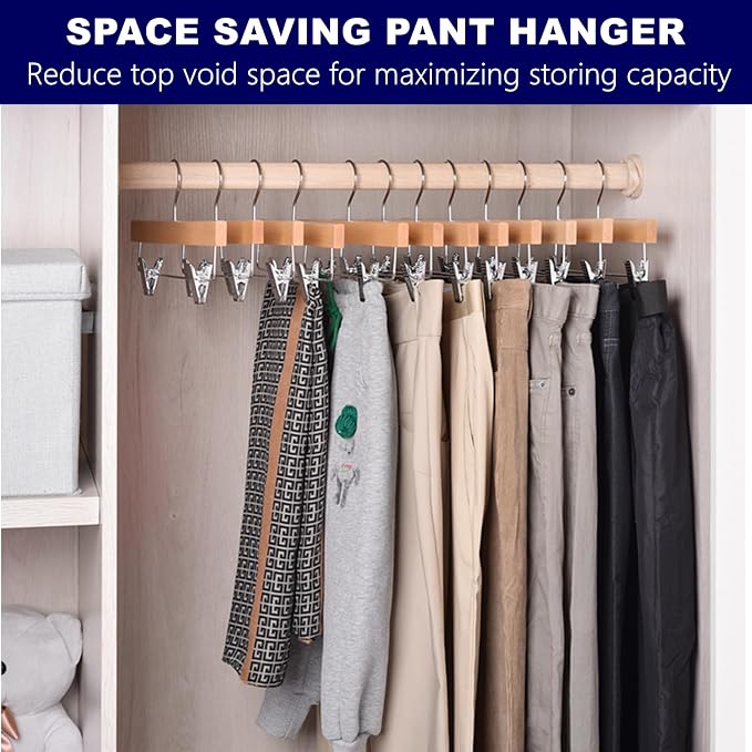 Amber Home 48 Pack Wooden Pants Hangers with Clips, Natural - Image 6