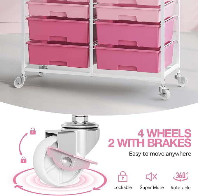 TOOLF 12 Drawers Rolling Storage Cart with Wooden Top for Classroom,Pink | Teacher Cart Craft Art Supply Organizer, Utility Cart with Lockable Wheels for Home Household Essentials, Office Organization - Image 4