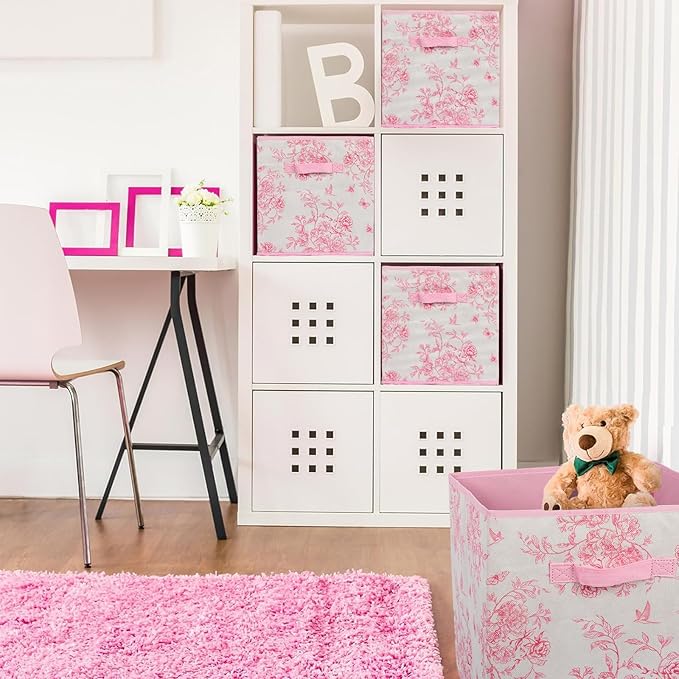 6 Pcs Pink Floral Cube Storage Bins 12.5 Inch Pink Flower Storage Basket with Handle, Preppy Girls Organizer Basket, Collapsible Fabric Box for Classroom Bedrooms Office Home Decoration (Flower) - Image 4
