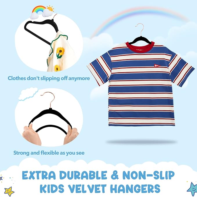 House Day Velvet Kids Hangers 60 Pack, Premium Children Hangers for Closet | Black Ultra Thin Cute Non Slip Kid Felt Clothes Hanger 14 Inch, Small Hanger for Toddler Clothes +360° Swivel Rose Gold Hook - Image 3