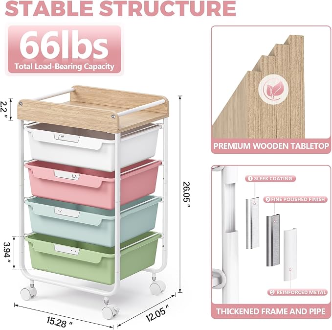 SYKIARIOL Rolling Storage Utility Cart with 4 Drawers,Art Cart,Colorful | Kids Craft Cart,Makeup Organizer and Storage with Wooden Tabletop - Image 9