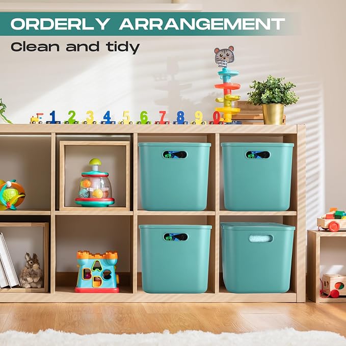 8 Pack Storage Bins, 14.2 X 10.2 X 9.5 Inch Green | Plastic Stackable Containers with Lid Handle, For Shelves Desktop Playroom Office, Organizing Toys Books Supplies Storage - Image 6