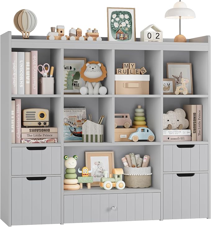 HORSTORS 48" W Kids Toy Storage Organizer, Kids Bookshelf w/Storage, Grey | 2 Mobile Toy Boxes & 3 Drawers, Toy Storage Chest with Open Cubbies for Boys and Girls, Kids Bookcase for Playroom, Classroom by HORSTORS