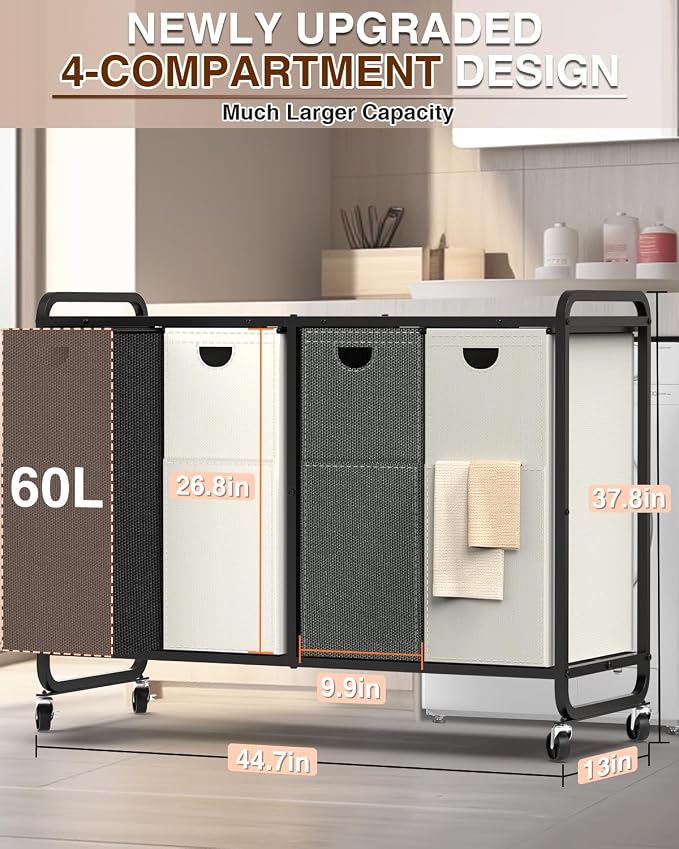 Laundry Sorter 4 Section,Laundry Basket with Wheels,4×15.8 Gal (60L) Laundry Hamper Organizer with Large Wooden Desktop Sorter,Pull-Out and Removable 900D Oxford Fabric Laundry Bags for Laundry Room - Image 2