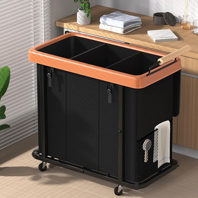 Rolling Laundry Hamper with Wheels, Laundry Hamper 3 Section with Lid Black | Laundry Basket with Rolling Lockable Wheels and Handle, Laundry Basket Organizer for Laundry Room, Bedroom 230L by ELOWEN