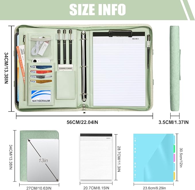 Portfolio Binder 3 Ring Includes Pen and 5 Dividers with 10 Pockets, Padfolio Organizer with Zipper for Men and Women, Includes A4 Notepad for Business, School, Work - Image 2