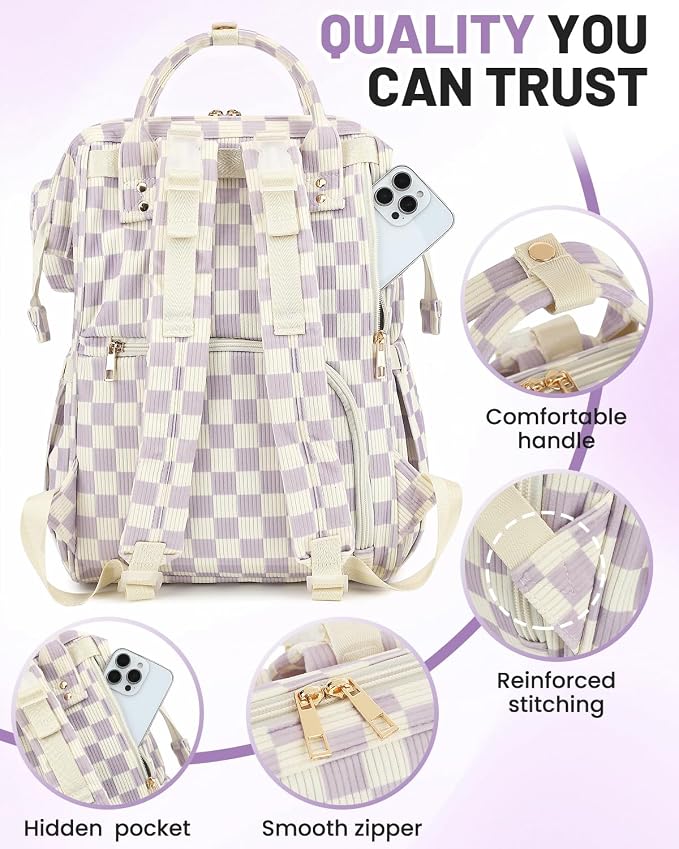Corduroy Diaper Bag Backpack, Large Capacity Multifunction Baby Diaper Bags for Women, Insulated Bottle Pockets & Pacifier Case, Stylish Travel Nappy Changing Bags for Mom Dad (Checkered Purple) - Image 6