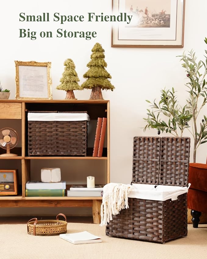 SETVSON Storage Basket with Lid, 2-Lid PE Rattan Storage Bin, Brown | 35L Storage Bin with 2 Separate Lids, 2 Removable Liners with Divider for Clothes & Blankets, Sturdy Frame, Brown - Image 6