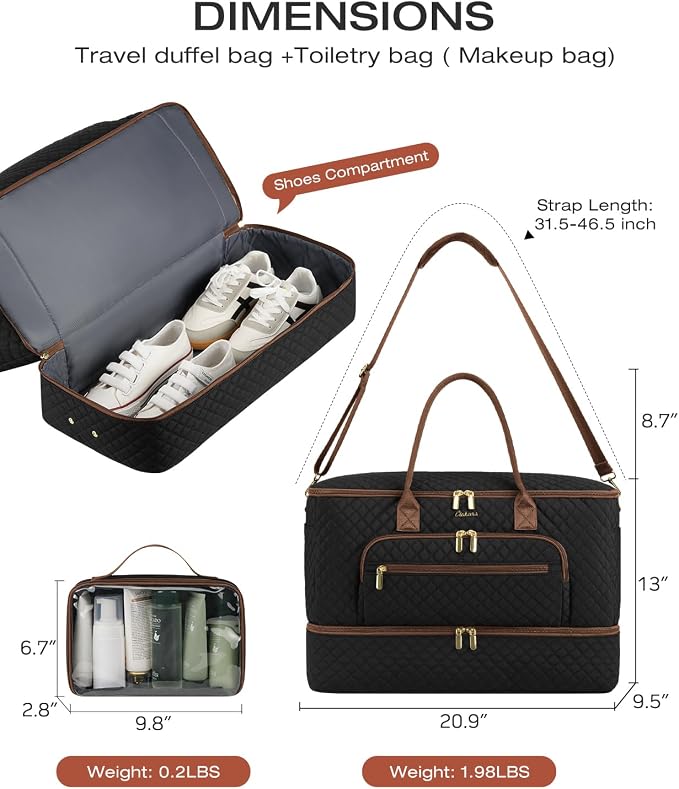 Travel Duffle Bag, Wide Open Large Weekender Bag for Women with Shoe Compartment, Carry on Overnight Bags with Toiletry Bag, Hospital Bag for Women Labor Delivery with Wet Pocket (Black Brown) - Image 3