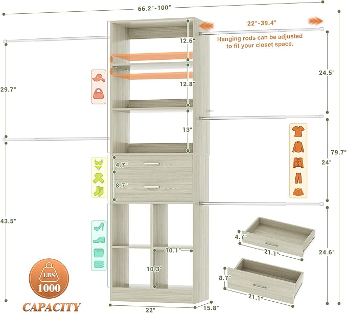 Besiost Closet System, 4-8 FT Closet Organizer Tower with 2 Wooden Drawers and Shelves, Can Fit 60 to 96 inch Walk-in Closet System with 5 Hang Rods, Built-in, Greige Oak - Image 3