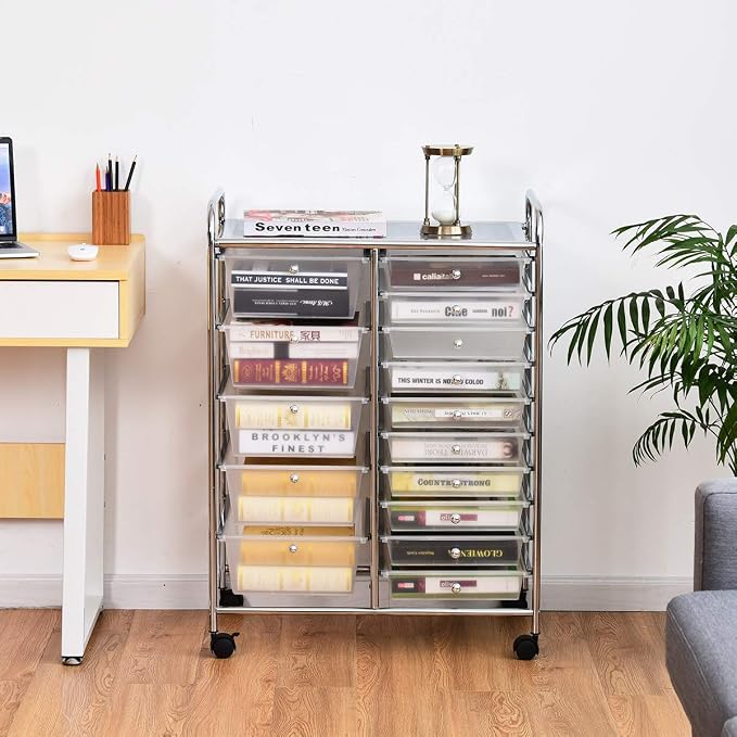 RELAX4LIFE 15-Drawer Rolling Storage Drawer Cart Organizer | 34.5"H Chrome Frame, Semi-Transparent Clear Drawers Rolling Wheels; School Office Home Salon Multipurpose Utility Storage - Image 9