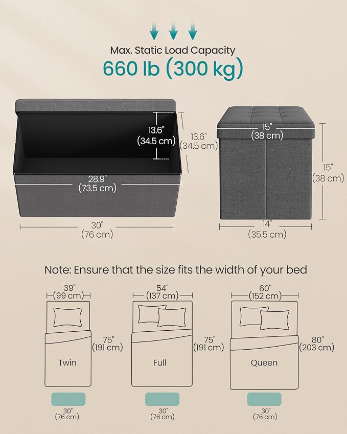 SONGMICS 30 Inches Folding Storage Ottoman Bench, Load 660 lb | Ottoman Foot Rest, Storage Chest, for Living Room, Entryway, Slate Gray and Ink Black, MINOTA Collection ULSF47K - Image 3