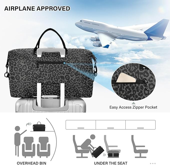Large Travel Duffel Bag Sports Tote Gym Bag Overnight Weekender Bags Dark Gray Leopard Cheetah Print Carry On Luggage with Toiletry Bags - Image 5