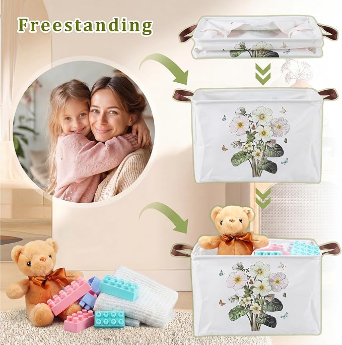 Fourluoo 6 Pack Floral Storage Basket with Handles Clothes Storage Basket Bin Foldable Box Bins Organizer for Closet Shelf Nursery Kid Room Book Toy Chest(6,Wildflower) - Image 6