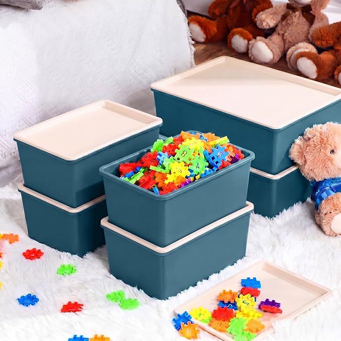 6 Pcs Large and Small Plastic Storage Bins with Lids 14.4 x 10.4 x 5.1 Inch Stackable Storage Containers Decorative Cubby Organizer for Clothes Shelves Garage Closet Office (Blue) - Image 5