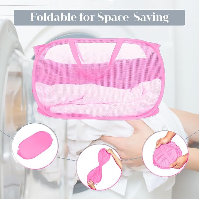 Durable Collapsible Laundry Baskets, Mesh Pop Up Laundry Hamper with Side Pocket, Foldable Clothes Hamper with Reinforced Carry Handles for Laundry, Bathroom, Kids Room, Dorm or Travel 2 Pack Pink - Image 6