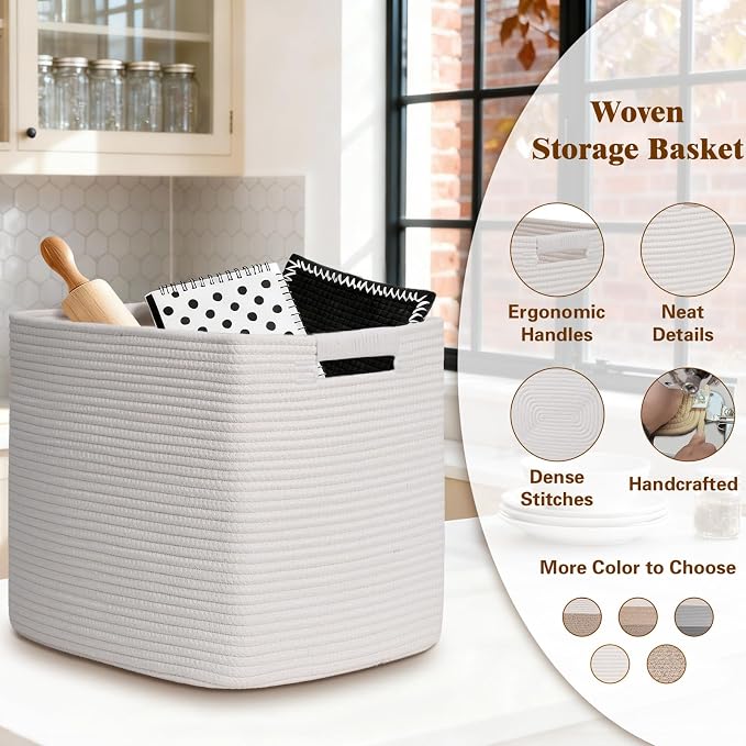 15×13 Inch Storage Cubes, 3 Pack Cube Storage Bins for Organizing, Cotton Rope Woven Baskets for Shelves, Bathroom, Kids Room, Closets, Baby Nursery - Image 4