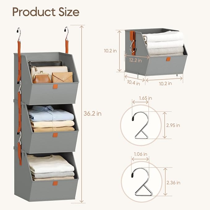 Collapsible Hanging Closet Organizer - 6 Tier Closet Shelves Storage System with Hooks, Fabric Hanging Storage Bins for Clothes, Foldable Storage Basket for Laundry, Bedroom, Rv, Grey - Image 6