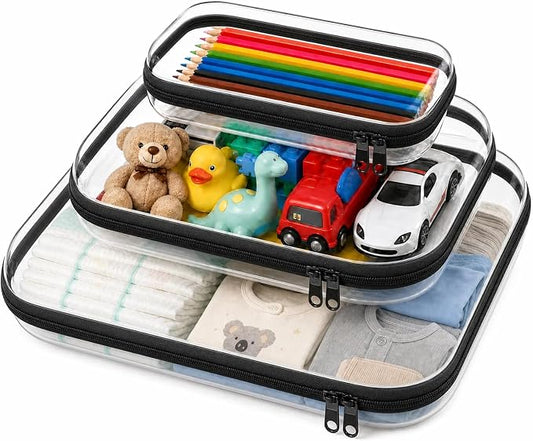 3PCS Clear Hard Shell Zipper Case 13.8 * 11.8 * 2 IN (Black) | Transparent shell for easy item access. Works as cosmetic bag, toy pouch, diaper organizer and pencil case. by Calantre