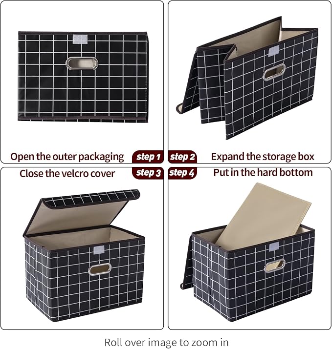 STOREONE Fabric Storage Cube Bins Foldable Organizer Container Collapsible Basket with Lids and Metal Handles, for Home, Bedroom, Closet 6 Pcs (Black grid) - Image 7