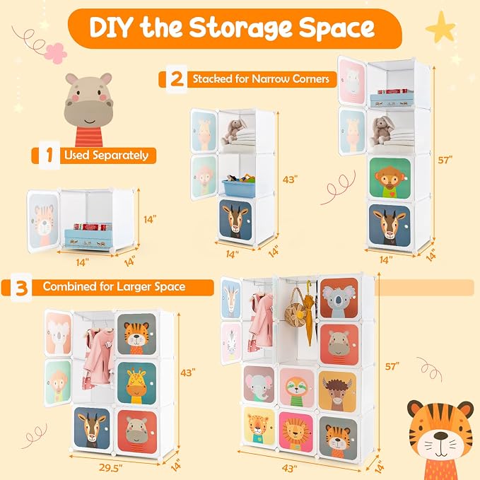 HONEY JOY Kids Wardrobe Closet, Baby Cartoon Clothes Storage Organizer, 12 Cubes & 2 Hanging Sections, Portable Children DIY Modular Bedroom Armoire Dresser Cabinet for Boys Girls (White) - Image 3