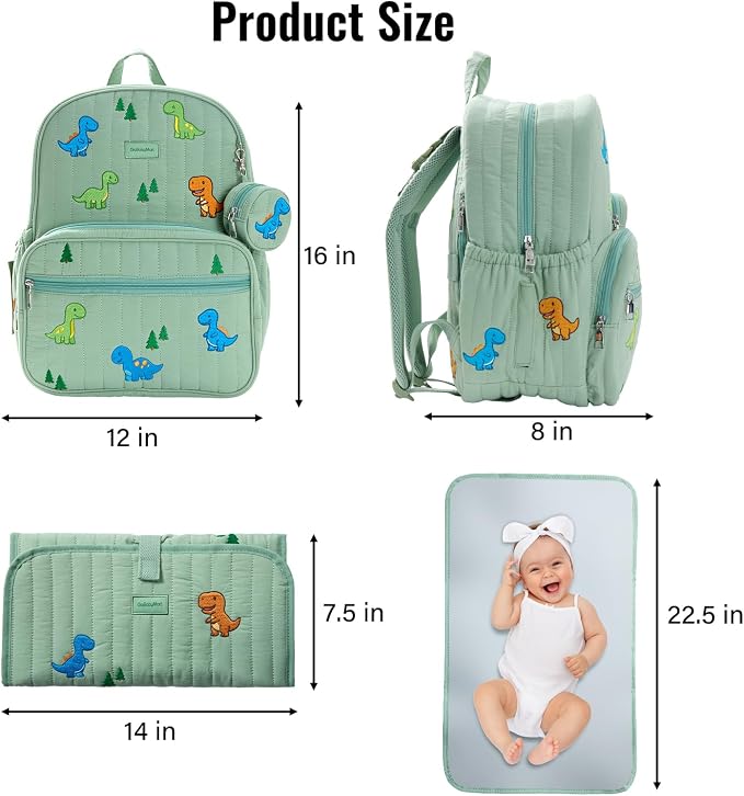 Large Diaper Bag Backpack with Changing Pad, Insulated Bottle Pockets, Travel & Hospital Bag for Mom & Dad (Large - Green Dinosaurs) - Image 6