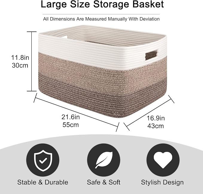 OIAHOMY Blanket Basket Laundry Basket Dog Toy Basket 75L Dark Brown | Large Storage Basket,Baby Basket,Toy Storage,Woven Rope Basket for Blankets,Blanket Storage for Living Room - Image 3