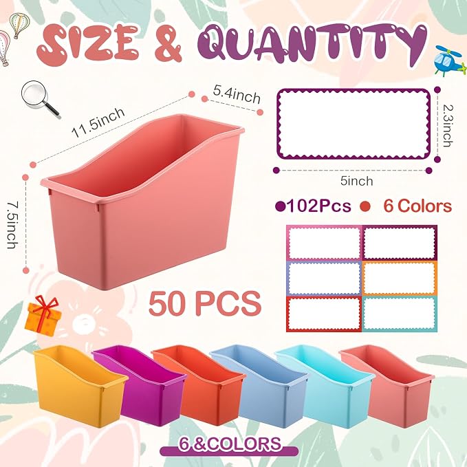 Geetery 50 Pcs Book Bin for Classroom with Labels Stackable Plastic Organizing Bins 11.5 x 5.4 x 7.5 in Book Holders Storage Bins Box Baskets for Classroom Library Home (Wildflower Color) - Image 2