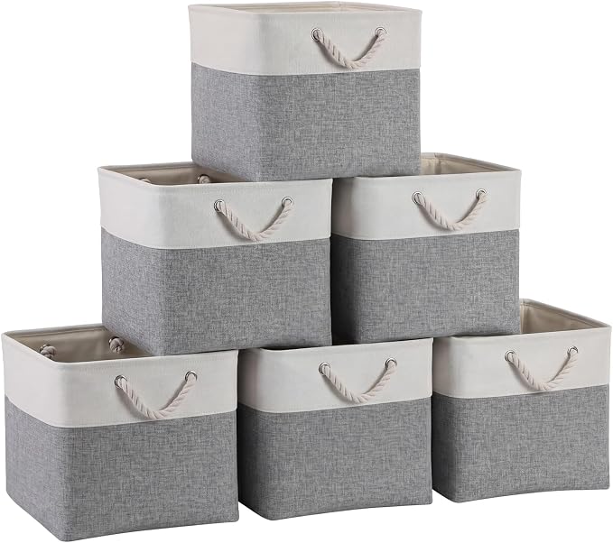 13×15×13 Inch Foldable Fabric Storage Basket with Handles | Large Storage Basket,6 Pack Storage Cubes,Home Organisation Solutions,Closet Storage (White&Gray) by ISEMINGLA