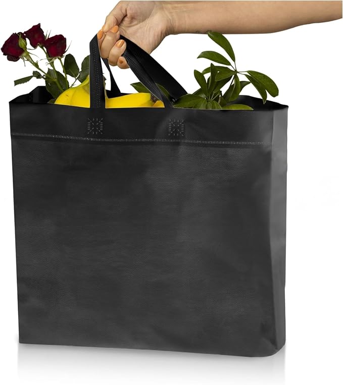 Simply Cool 400 Pack Reusable Grocery Bags, Medium Tote Bags Bulk, Black | 12.6"x6.3"x11.8" Heavy Duty Non-woven Custom Shopping Bags with Handles, Foldable, Washable for Retail and Commercial use - Image 2