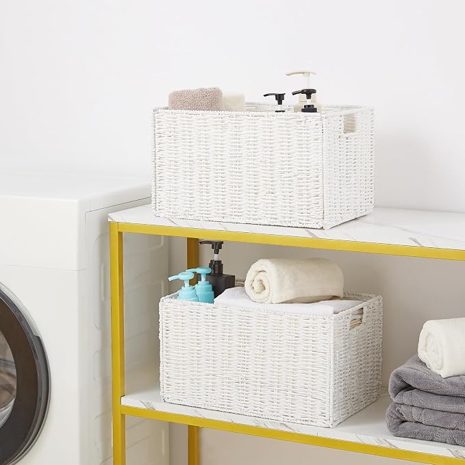 Wicker Storage Basket, Set of 2 Hand-Woven Paper Rope Wicker Basket, Small Storage Baskets for Organizing Toilet Paper Basket, Foldable Large Cube Storage Organizer Bins for Shelves (White) - Image 7