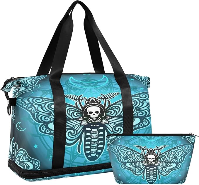 Travel Duffel Tote Bag Butterfly Skull Boho Sports Duffel Bag with Wet Pocket Weekender Overnight Bag for Women Men Gym Bag, Carry On Bag Hospital Bag for Labor and Delivery - Image 7