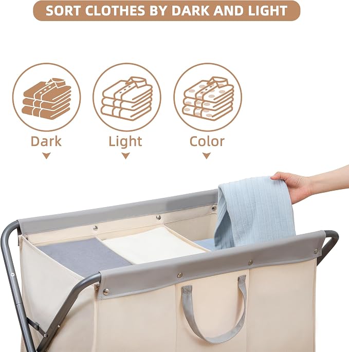 STORAGE MANIAC 160L Collapsible Laundry Hamper with Wheels, Rolling Laundry Basket, Heavy Duty Cloth Sorter with Removable Bag, Folding X Frame Clothes Organizer Cart for Easy to Store, 3 Section - Image 2