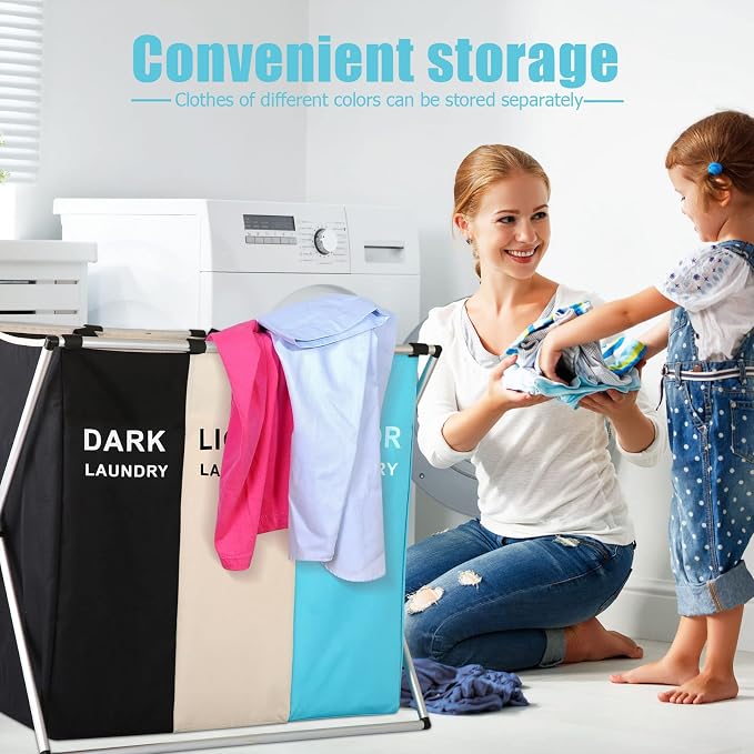 Laundry Cloth Hamper Sorter Basket Bin Foldable 3 Sections with Aluminum Frame 26InIn×24InInH Washing Storage Dirty Clothes Bag (3 Liner, Black + white + sky blue) - Image 6