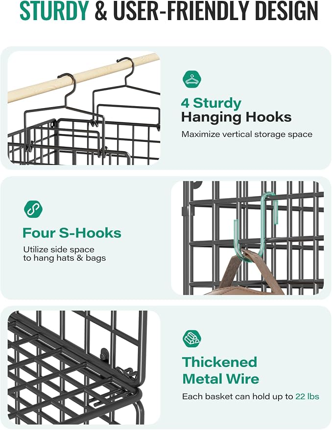 Hanging Closet Organizer, 4 Tier Metal Closet Organizers and Storage with 4 Hanging Hooks 4 S-Hooks for Wardrobe Laundry Room, Wire Storage Shelf for Clothes Sweaters Pants (Black) - Image 4