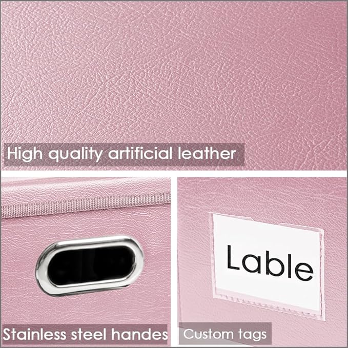 Collapsible Storage Box with Lid [3-Pack] Leather Fabric Foldable Storage Bin Organizer Container Basket Cube with Cover for Home Bedroom Closet Office Nursery Pink(13.6x9.6x6.9) - Image 3