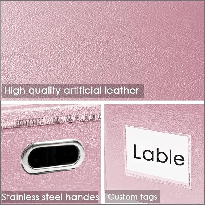 Large Stackable Storage Bins with Lids [3-Pack] Leather Fabric Foldable Storage Boxes Organizer Containers Baskets Cube with Cover for Bedroom Closet Office Nursery Pink (17.7x11.8x11.8) - Image 4